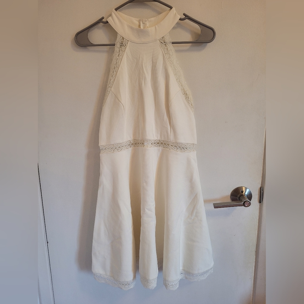 Lulus White halter skater dress with lace detailing in Size M